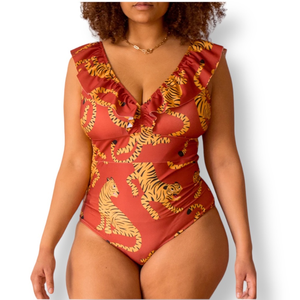 Averie Andra Dark Red Tiger Print Ruffle Retro Plunge One Piece Swimsuit